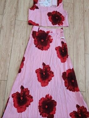 Pink Floral Maxi Skirt with Red Bloom Print by